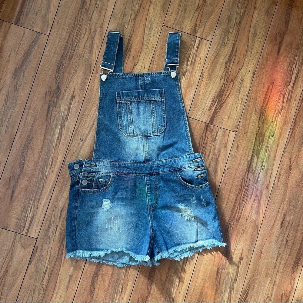 True love Denim Shorts Overalls Womens Size XL Blue Distressed  Bib Overalls